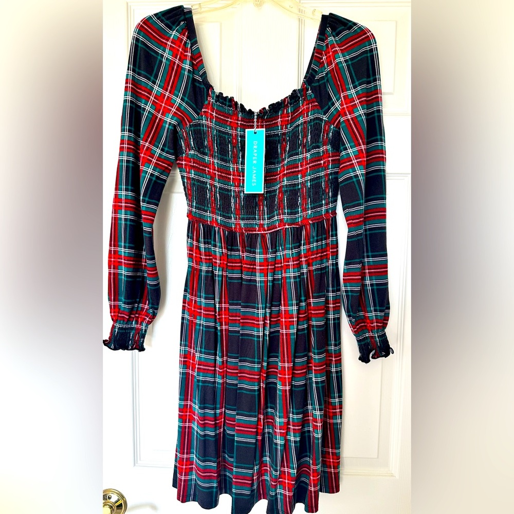 Draper James Red, Black and Green Plaid Long Sleeve Dress - New